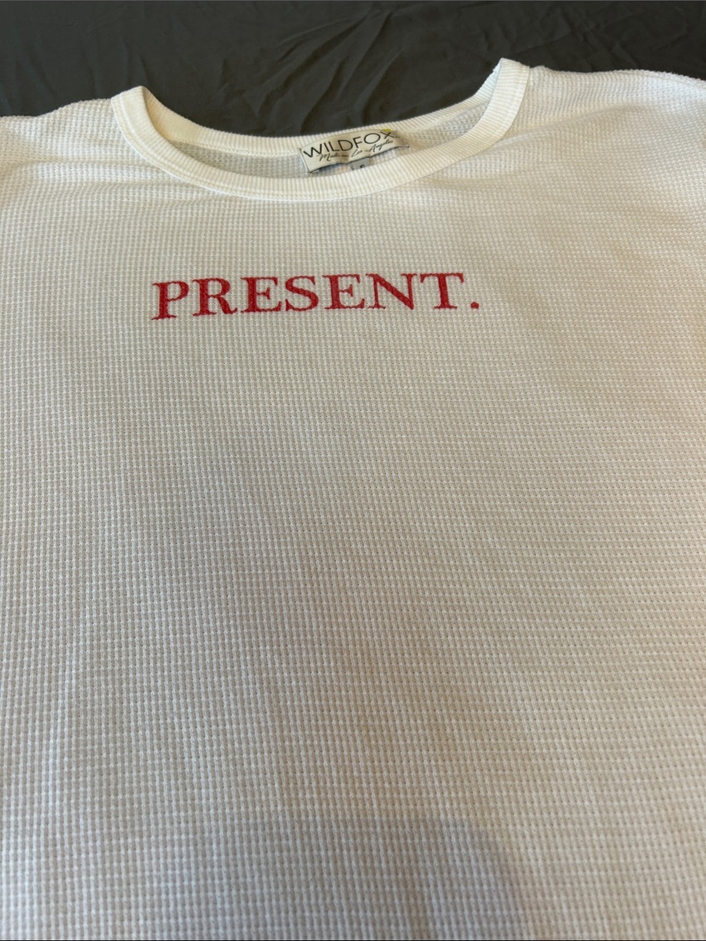 Wildfox White Long Sleeve Thermal Tee with Red PRESENT. Logo
